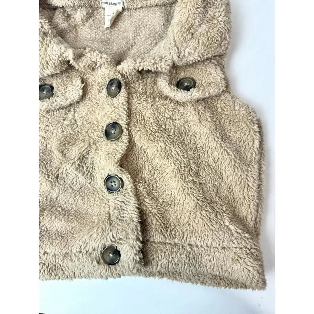 Girls Tan Beige Fuzzy Vest With Buttons - Size 5/6